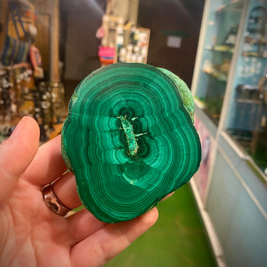 Malachite slice raw unique design perfect gift + FREE wood stand 230grams