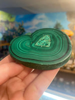 Malachite slice raw cluster unique design heart shape 215 grams + FREE wood stand