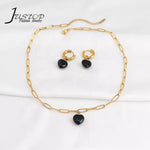 Black Agate Gold Plated Gem Heart Necklace & Earring Luxury Gift box Set 16"(variants yellow agate, rose quartz)