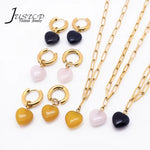Black Agate Gold Plated Gem Heart Necklace & Earring Luxury Gift box Set 16"(variants yellow agate, rose quartz)