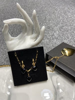 Black Agate Gold Plated Gem Heart Necklace & Earring Luxury Gift box Set 16"(variants yellow agate, rose quartz)