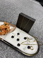 Black Agate Gold Plated Gem Heart Necklace & Earring Luxury Gift box Set 16"(variants yellow agate, rose quartz)
