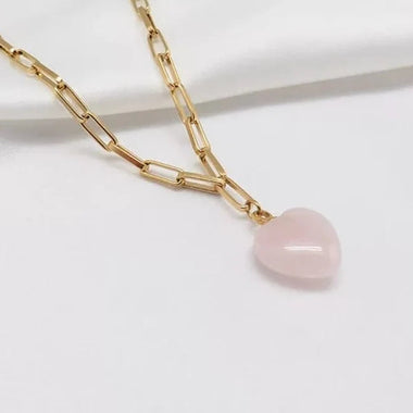 Rose Quartz Gold Plated Gem Heart Necklace & Earring Luxury Gift Set