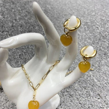 Yellow Agate Gold Plated Gem Heart Necklace & Earring Luxury Gift Set